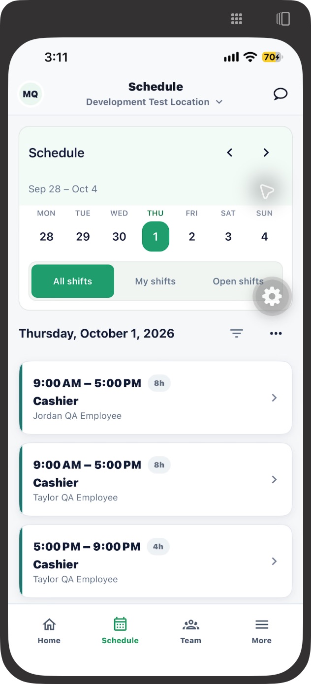 Alliance iPhone Schedule with All shifts, My shifts, Open shifts and the same three published Thursday shifts shown on the website.