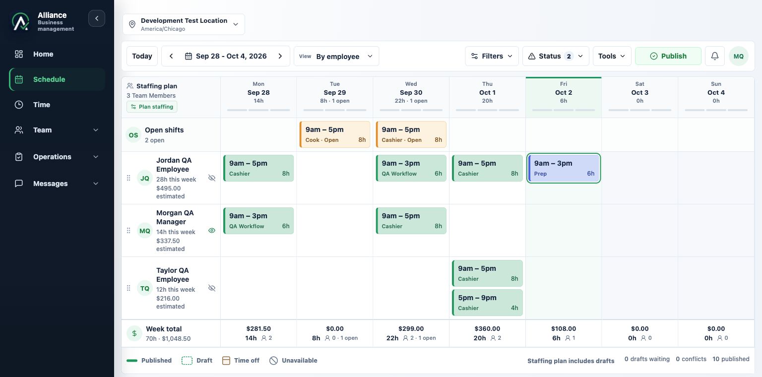 Actual Alliance weekly scheduling grid